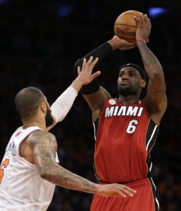 LeBron shoots over Tyson Chandler of the New York Knicks Photo: AP