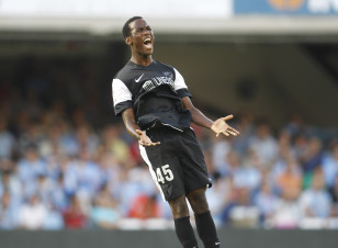 Fabrice Olinga celebrates his goal against Celta Vigo in 2012 when, at age 16, he became the youngest goalscorer in Spanish First Division history. Photo: Reuters