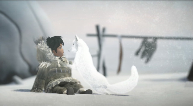 A screenshot of Nuna and the fox, from Never Alone (E-Line Media)