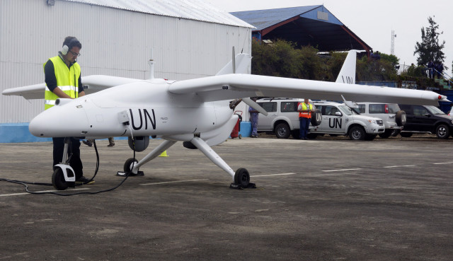 A technician checks a surveillance Unmanned Aerial Vehicles (UAV) drone operated by the United Nations in the Democratic Republic of Congo's eastern city of Goma, Dec.3, 2013. (Reuters)