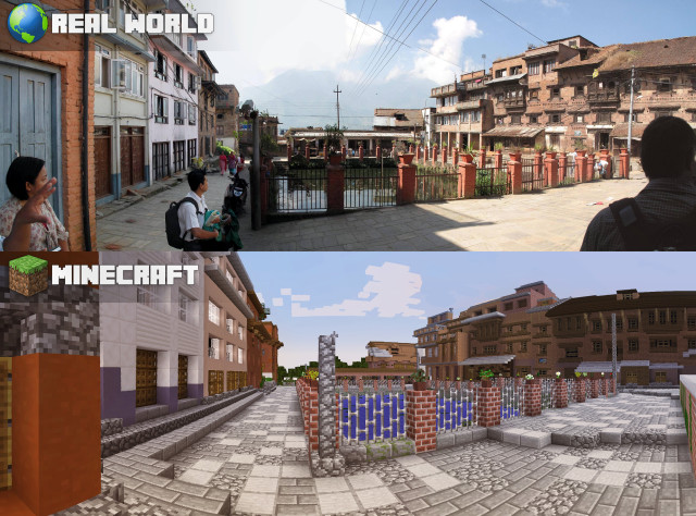 A combo shows the redesign concept in Minecraft (bottom) and the real world (top) redesign of a public space in Kirtipur, Nepal. (UN-Habitat)