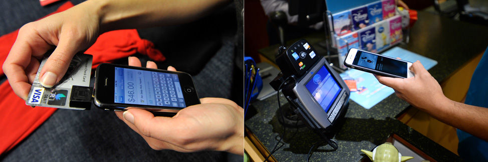 (L) In this Dec. 18, 2009 photo, Willo O'Brien demonstrates Square on her iPhone in San Francisco, California. Once the transaction goes through, the costumer's credit card data is deleted. (R) Hugo Roque of Glendale makes a purchase at a Disney Store in Glendale, California, using the new Apple Pay, Oct. 20, 2014. (AP)