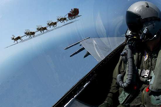 For 60 years, NORAD fighter jets have intercepted Santa many times. When the jets intercept Santa, they tip their wings to say, "Hello Santa! – NORAD is tracking you again this year!" (NORAD Public Affairs)