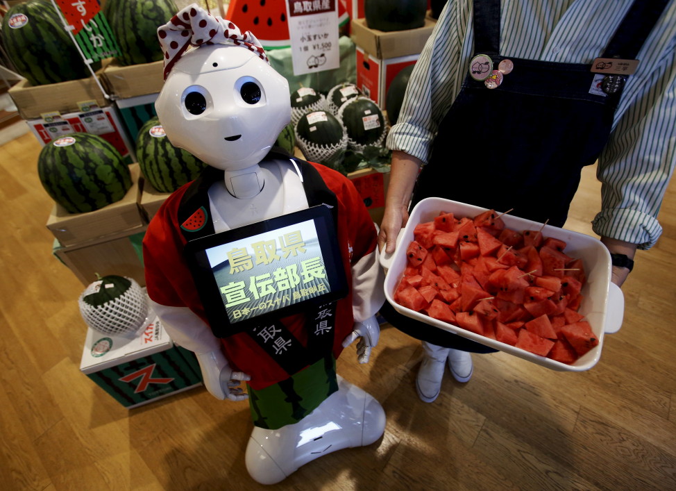 FILE = SoftBank's human-like robot named 'Pepper' poses for pictures in its role as a PR manager of Tottori prefecture at the prefecture specialty store in Tokyo, Japan, July 1, 2015. (Reuters)