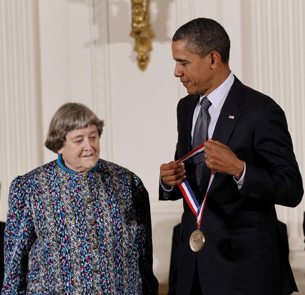 FILE - President Barack Obama presents the National Medal of Technology and Innovation to Yvonne C. Brill, RCA Astro Electronics, Oct. 21, 2011, during a ceremony in the East Room of the White House in Washington. (AP)