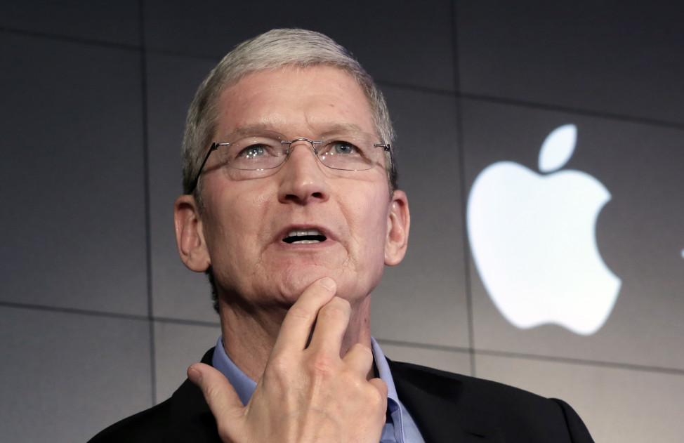 FILE - Apple CEO Tim Cook speaks during a news conference in New York, April 30, 2015. (AP)