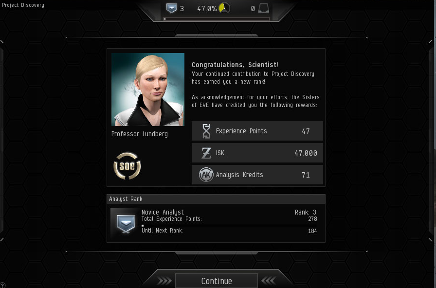A screenshot from Project Discovery shows the corporation achievement window that tells EVE Online playershow far they have progressed in their research. (Project Discovery in EVE Online by CCP)