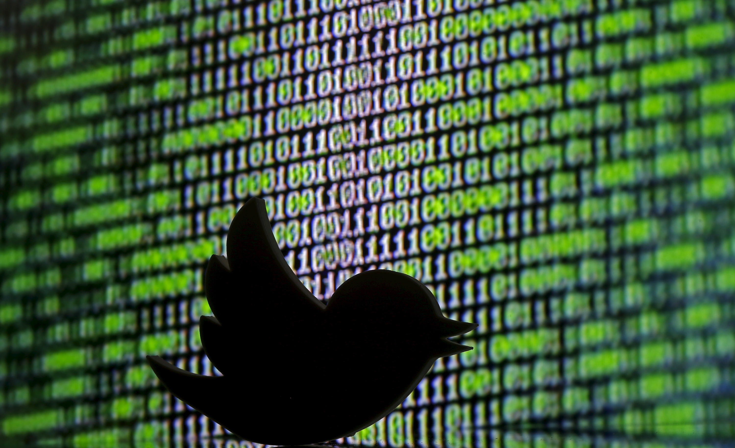 A 3-D-printed Twitter logo is seen in front of a displayed cyber code in this illustration taken March 22, 2016. (Reuters)