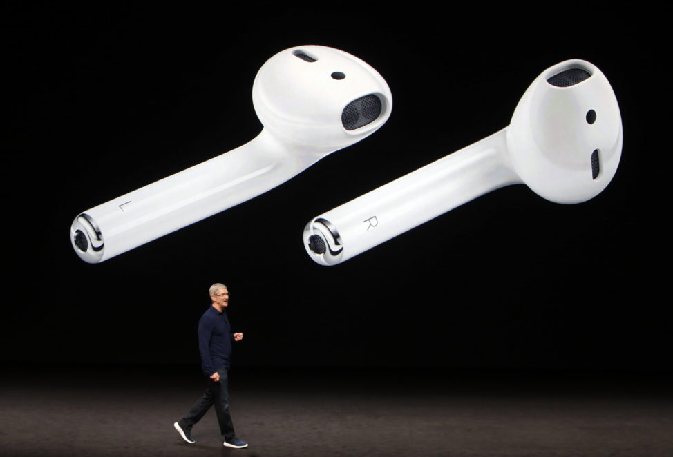 AirPods are displayed as Apple Inc CEO Tim Cook makes his closing remarks during an Apple media event in San Francisco, California, US, Sept. 7, 2016. (Reuters)