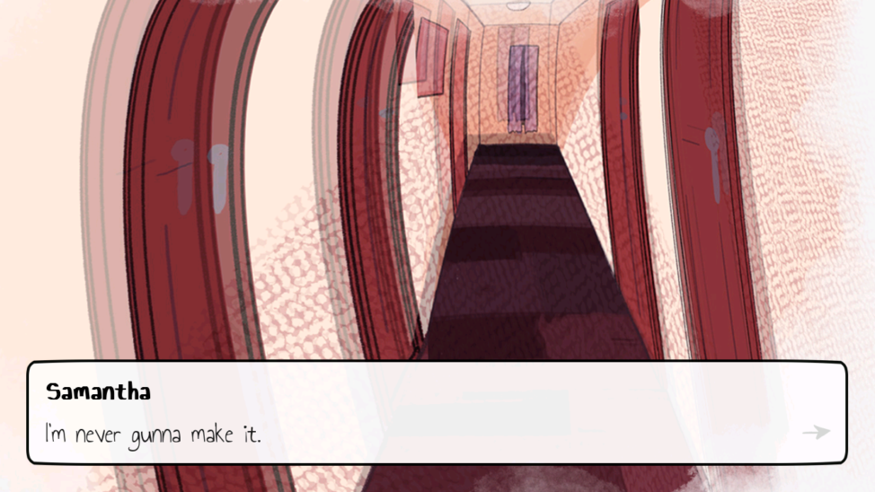 Screenshot from the game, 'The Average Everyday Adventures of Samantha Browne,' where the player grapples with social anxiety while trying to leave the dorm to go to the communal kitchen. (Reimena Yee)
