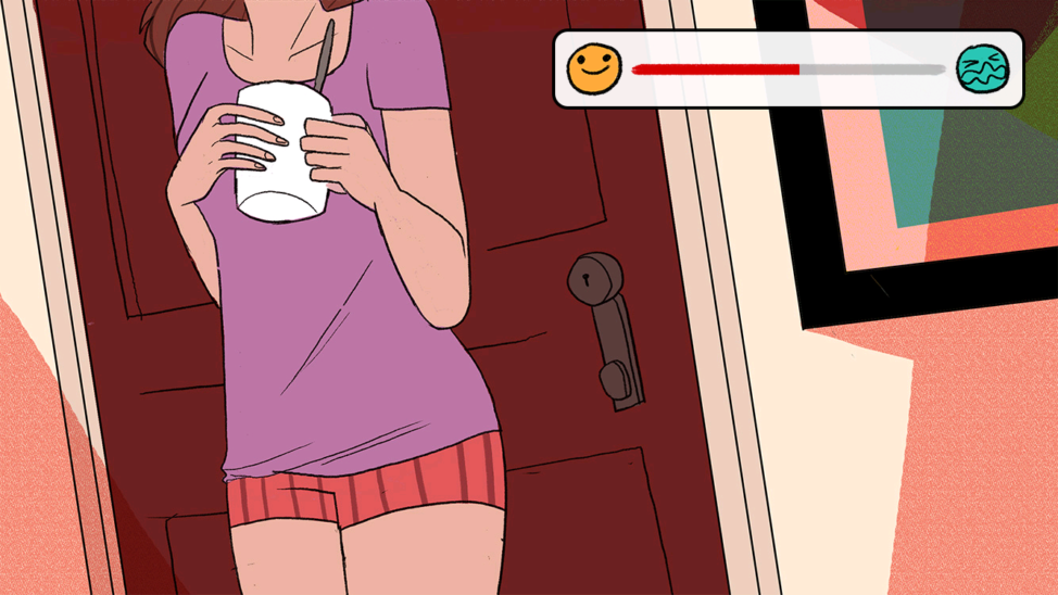 The character in this screenshot from 'The Average Everyday Adventures of Samantha Browne' struggles with food anxiety and has to keep an eye on the food meter to keep happy. (Reimena Yee)