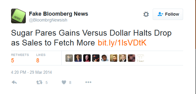 A screenshot from the 'Fake Bloomberg News' bot account, now suspended, on Twitter. (Twitter)