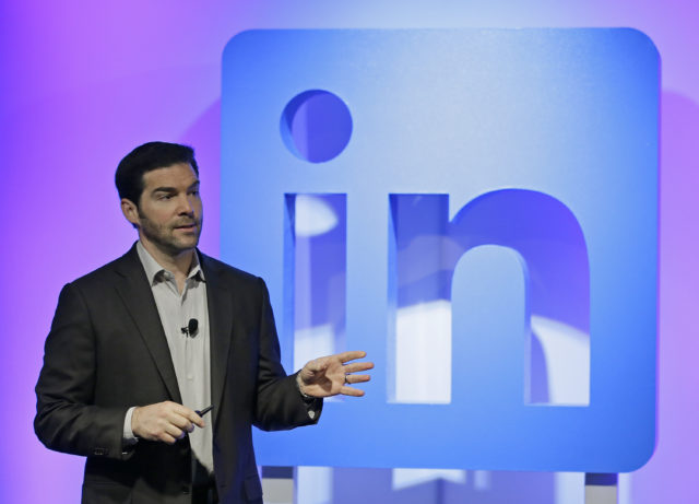 LinkedIn CEO Jeff Weiner speaks during a product announcement at his company's headquarters in San Francisco. 