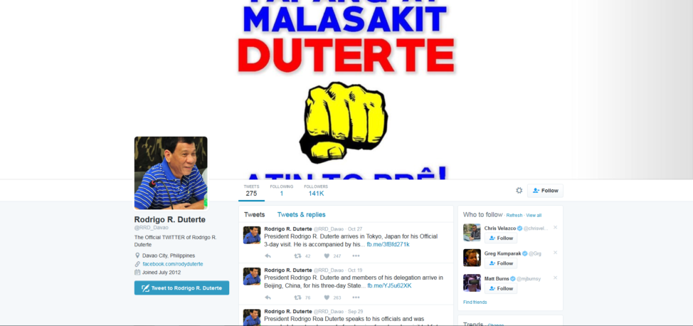 A screenshot from Philippines' President Duterte's Twitter page. (Twitter)