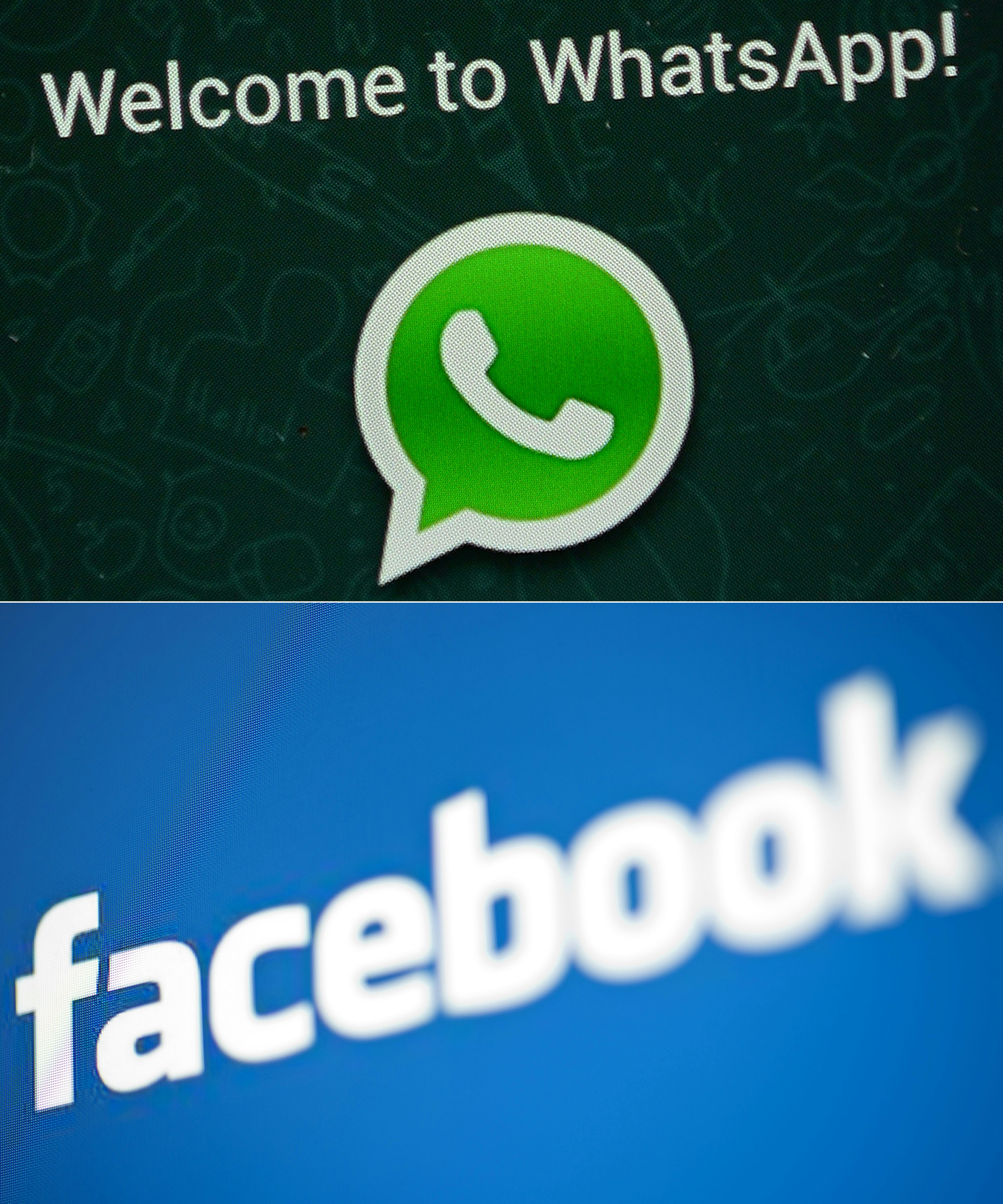 This combination of file pictures created on Dec. 20, 2016 shows the logos of WhatsApp (top) and Facebook. (AFP)