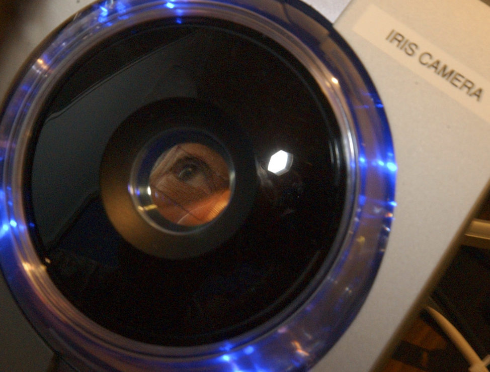 FILE - Jim Kaplan, of Weston, Mass., has his iris scanned at Logan Airport in Boston. (AP)