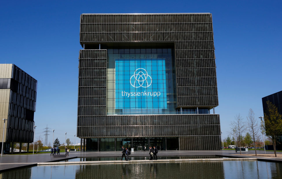FILE - The logo of ThyssenKrupp is seen at the headquarters of the steel maker and multinational conglomerate in Essen, Germany, April 20, 2016. (Reuters)