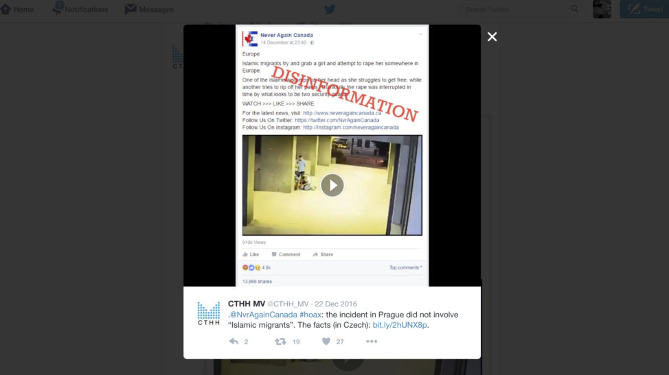 A screenshot of a tweet posted by the Center Against Terrorism and Hybrid Threats shows an example of what the unit claims was an attempt to spread a disinformation in Prague, Czech Republic, Jan. 13, 2017. (AP)