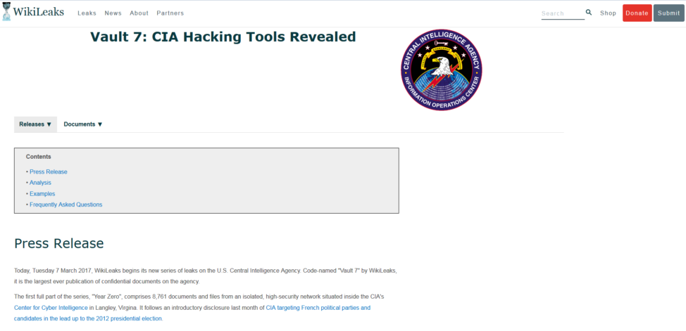 A screenshot from WikiLeaks' website shows the documents purportedly taken from the U.S. Central Intelligence Agency and revealing the extent of the agency's hacking powers. (WikiLeaks Website)