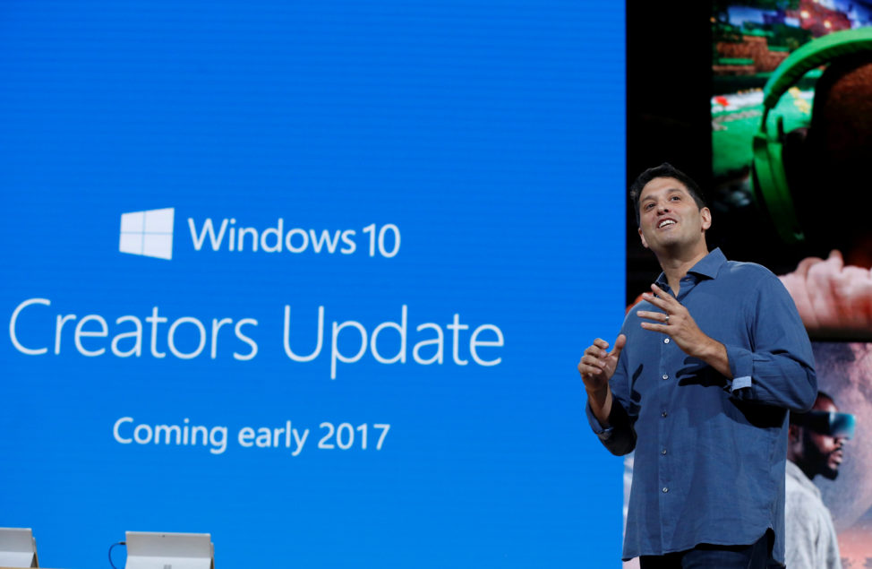 FILE - Terry Myerson, Microsoft Executive Vice President of the Windows and Devices Group speaks about Microsoft's Windows 10 "Creators Update" at a live Microsoft event in the Manhattan borough of New York City, Oct. 26, 2016. (Reuters)