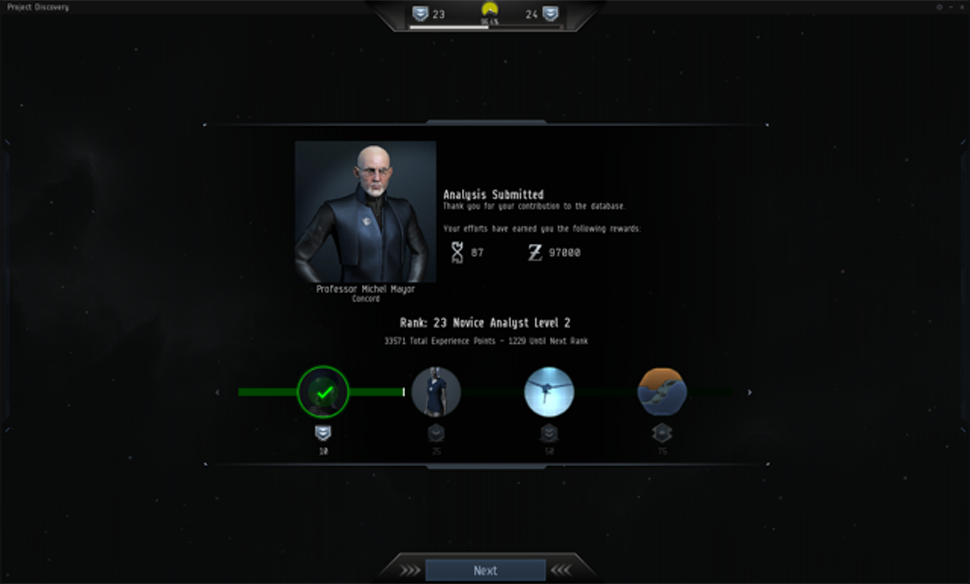 Dr. Michel Mayor greets players when they first launch the Discovery Project and introduces them to the program.When the research is done, players can open the rewards windows shown above to claim a variety of items. (Sverrir Magnússon, CCP Games)