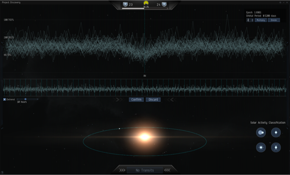 If a transit body is found, a Project Discovery player can mark the light curve, which shows the intensity of an object, with a period. In this screenshot, the transits align in a period of 0.5208, which means the player found a planet that orbits it's star every 0.5208 days. (Sverrir Magnússon, CCP Games)