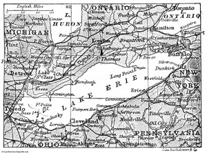 Thought you’d like to see part of an old — 1906 — map of Lake Erie and environs.  (The lake hasn’t moved since.) That’s Ohio, all right, right below it. (Probert Encyclopedia)