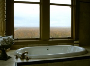We have a clawfoot tub that’s even bigger than this in our main bathroom.  No view, though, and no inclination, any longer, to turn the place into an inn and create one.