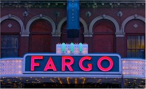 Like North Dakota’s largest town itself, the Fargo Theater sign stands out.  Once a steamboat center on the Red River, Fargo and its Minnesota sister city, Moorhead, form the economic hub of a huge rural region.  (Carol M. Highsmith)