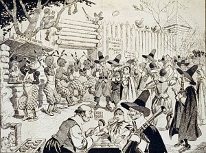 The First Thanksgiving isn’t just misrepresented.  Sometimes it’s even ridiculed. This caricature shows Pilgrims eating hot dogs and Indians drinking “firewater.” Note the sign that reads, “foot ball ye Indians versus ye Pilgrims 2 p.m.” (Library of Congress.)