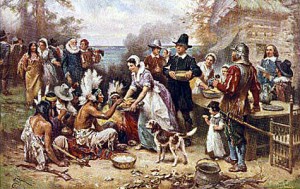 In 1932, Jean Leon Jerome created this highly romanticized, and terribly inaccurate, painting of the First Thanksgiving. (Library of Congress)