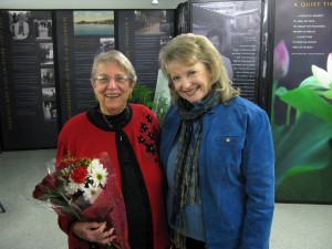 That’s grown-up Zuzu, Karolyn Grimes, on the right, with this year’s Bailey Award winner, 86-year-old Anita Awaduti.  The award is presented by the IDEA Center for the Voices of Humanity, which shares the old Seneca Theater building with the new Seneca Falls It’s a Wonderful Life Museum.  (Henry Law)