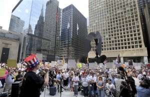 A speaker invokes Uncle Sam at a Tea Party Rally in downtown Chicago in April.  (AP Photo)