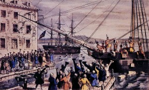 Nathaniel Currier created this “Destruction of Tea at Boston Harbor” lithograph in 1846. (Wikipedia Commons)