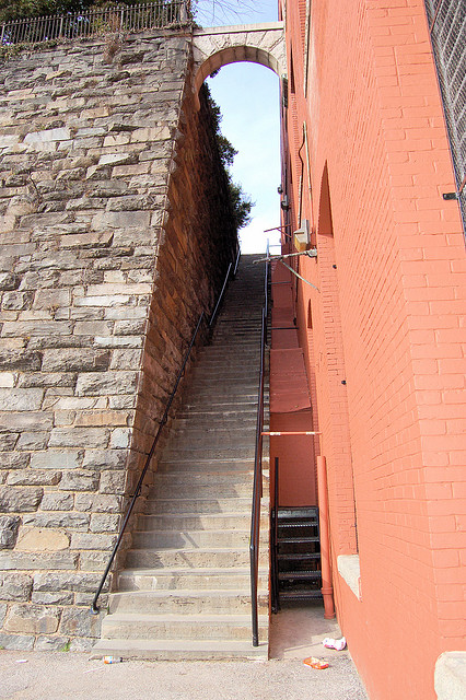 These are the five-story-high “Exorcist steps” down to M Street.  In the chilling movie of that name, a priest rids himself of the devil by hurling to his death down these steps.  (dameetch, Flickr Creative Commons)