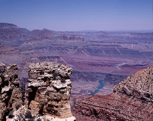 You can walk or ride a mule down to the Colorado River, far, far below the rim of the Grand Canyon.  Either way, going down is scarier. (Carol M. Highsmith)