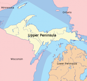 The Upper Peninsula, which is in yellow, sure looks like it should be part of “pink” Wisconsin rather than “orange” Michigan, does it not?  (phizzy, Wikipedia Commons)