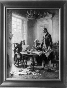 Jean-Leon Gerome Ferris's painting depicts Benjamin Franklin, John Adams, and Thomas Jefferson with the new Declaration of Independence. (Library of Congress)