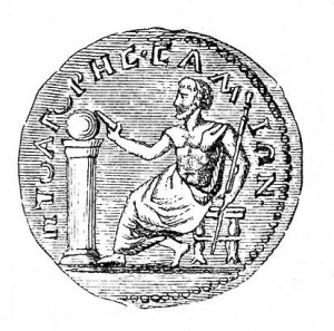Pythagoras, shown here on a 3rd-Century coin, was not just a mathematician.  He was also a philosopher and mystic.  Must have been BOTH left-brained and right-brained.  (Wikipedia Commons)