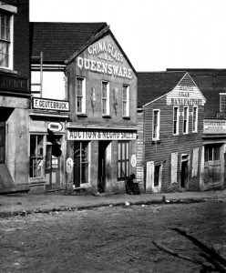 In Atlanta, Georgia, a captured store that sold glass, china, and slaves. Click on image to see front sign.  (Library of Congress)
