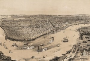 In this 1854 lithograph of a bird's-eye view of New Orleans, you can bet that some of the ships on the Mississippi carried cotton loaded by slaves.  (Library of Congress)