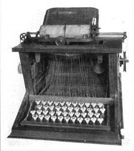 Here's Christopher Sholes's final product -- the "Sholes-Glidden" machine that's very much like the typewriters millions used a century later.  (Library of Congress)