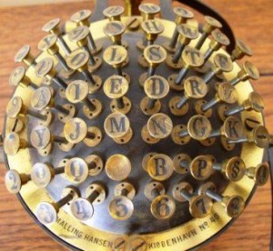 You think the typewriter that we know is tough to master.  Try setting your fingers on the "Hansen Writing Ball," history's first production typewriter.  (Wikipedia Commons)