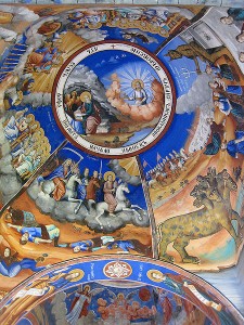 This is a depiction of the apocalypse as painted on the ceiling of an Orthodox cathedral in Macedonia.  (Wikipedia Commons)