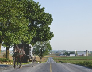 A horse and buggy approach, as safely off the high-speed portion of the road as possible.  (Carol M. Highsmith)