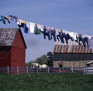 Lush fields, sturdy barns, clothes on the line at this Amish farm, and not an electrical wire to be found.  (Carol M. Highsmith)