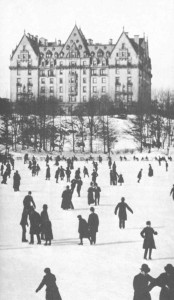 Skaters before The Dakota, which stood out alone and prominently in uptown Manhattan when this was taken in the 1880s.  (Library of Congress)