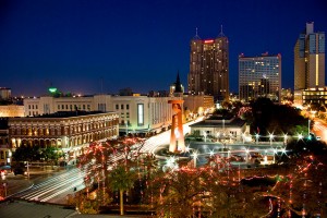 Even San Antonio's skylline looks festive.  Of course, this was taken at Christmastime.  (Corey Leopold, Flickr Creative Commons)