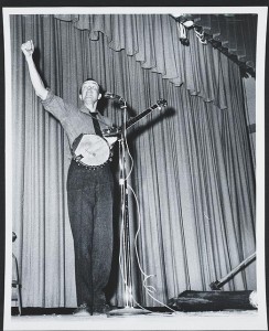 As I told you in a recent posting about folk music's troubadours, Pete Seeger, shown here as a young labor-song performer, is still at it at age 92.  (Library of Congress)