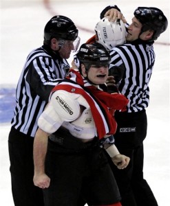 Cam Janssen, after yet another round of fisticuffs.  (AP Photo/Bill Kostroun)